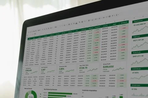 Close-up laptop screen showing spreadsheet dashboard with graphs, charts, d.. 스톡 사진
