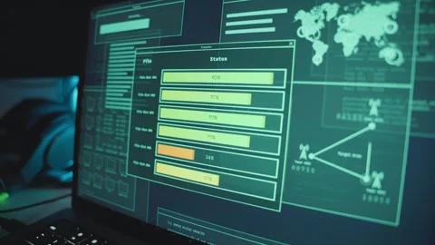 Close up on laptop screen transferring data and files with FTP app by hacker Stock Footage 339889973