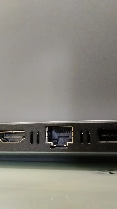 Close up of laptop side panel with USB, HDMI and LAN ports Stock Footage 340082647