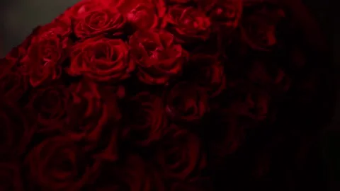Close-up of a large bouquet of red scarlet roses in a wicker basket Stock Footage 199027046