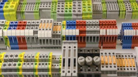 Close-up large electrical terminal block machine panel. Quick connect and Fotos Stock
