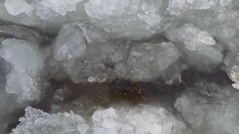 Close-up of large fragments of ice floes bobbing on the waves above the sandy Stock Footage 309017729
