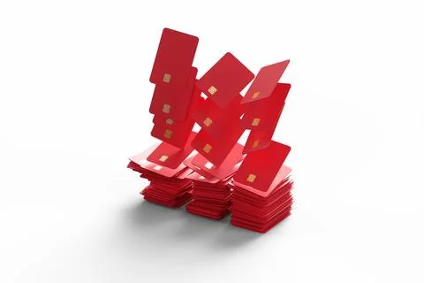 Close-up of a large group of red credit cards on a white background. 3d rende Stock Illustration