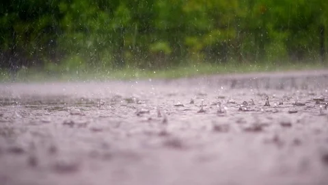 Close-up, large, heavy drops of rain, rainfall, shower, fall with a spray, Water Stock-Footage 90871723