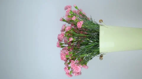Close-up of a large number of pink carnations in a tin vase rotating. Stock Footage 176921822