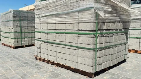 Close up of Large pallets of sidewalk paving stones ready for street Stock Footage 341838902