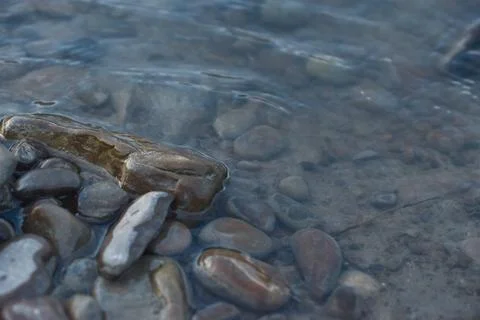 Close-up of large rocks in the river. A pile of stones on the seashore lying in Stock Photos