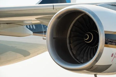 Close up of a large turbofan jet engine on an airplane wing Stock Photos
