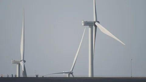 Close-up, large wind turbines are rotating Stock Footage 102203098