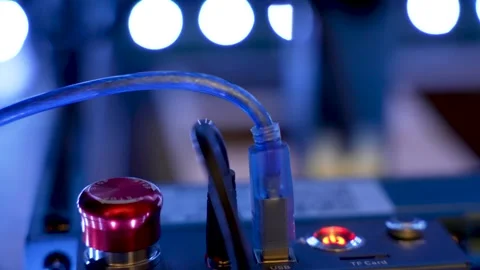 Close Up Of Laser Engraver Machine With Red Button Blue Cable And TF Card Slot Stock Footage 323085003