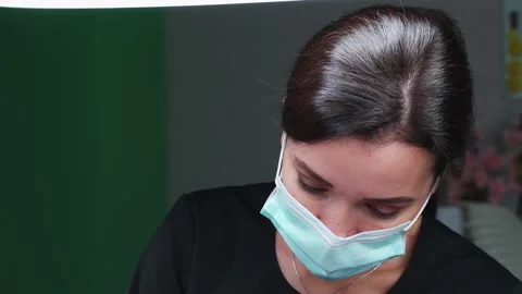 Close-up of the lash Maker wearing a protective medical mask during Stock Footage 140712301