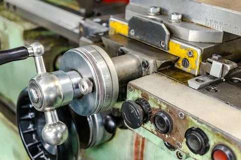 Close-up of lathe controls. Processing of metal products on a modern machine. 스톡 사진
