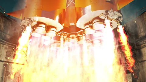 Close-up of the launch vehicle's rocket engines igniting before takeoff Stock Footage 304633141