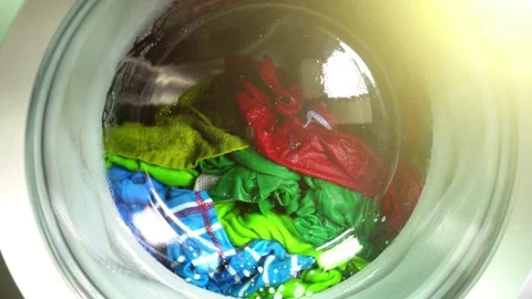Close up laundry machine housework clean domestic household washing equipment Stock Footage 336563906