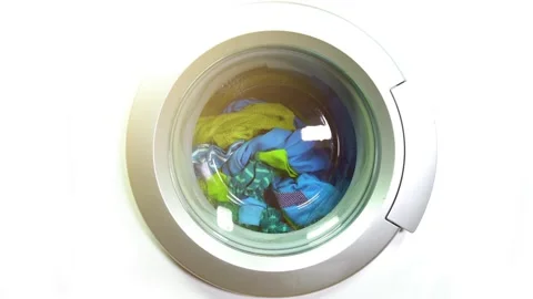 Close up laundry machine housework clean domestic household washing equipment Stock Footage 336589738