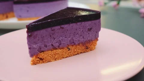 Close-up of layered blueberry mousse dessert on pink plate indoors Видео 342883956