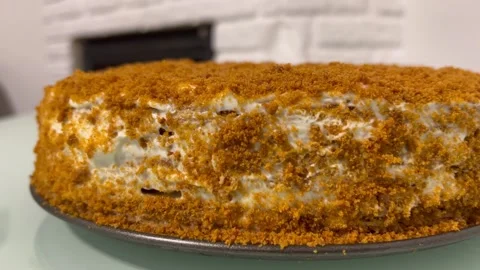 Close-up of layered cake covered in crumbs, camera pans from left to right Stock Footage 312236931