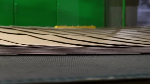 Close up of layered corrugated cardboard sheets moving along conveyor belt .. Video stock 337669148