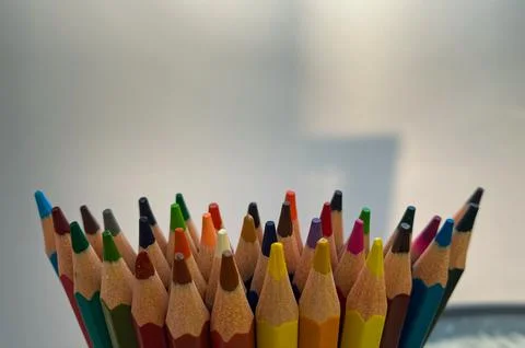 Close-up of the leads of multi-colored drawing pencils. Stock Photos