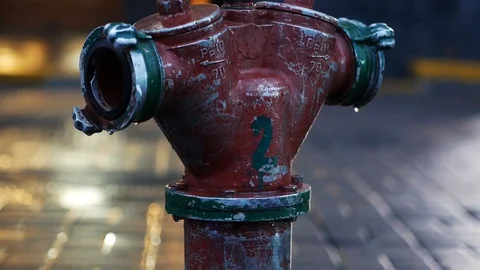 Close-up leaking fire hydrant with walking crowd on background. Old red fire Vidéo 122766337