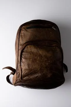 Close up of leather backpack on white background with copy space Stock Photos