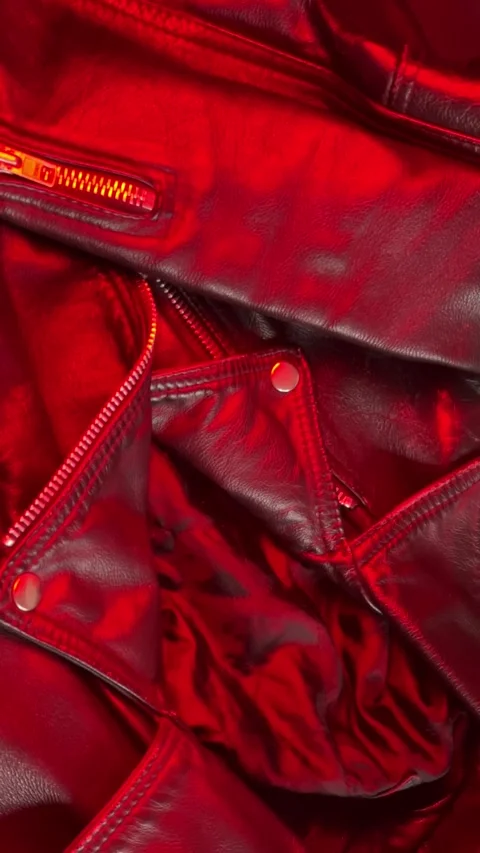Close-up of a Leather Jacket in Shifting Red Light. Vertical footage Stock Footage 301188486