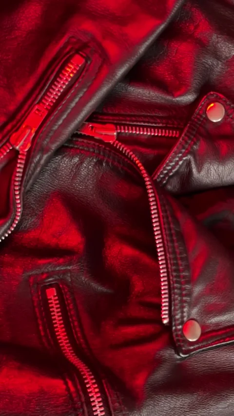 Close-up of a Leather Jacket in Shifting Red Light. Vertical footage Stock Footage 301188529