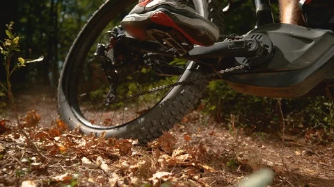 CLOSE UP Leaves and tiny branches fly in air as mountain biker rides his bicycle Stock Footage 107595739