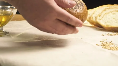 Close-up. Left the bread on the table Stock Footage 76424346