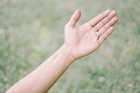 A close-up of a left palm, showcasing the texture and details of the hand, .. Foto stock
