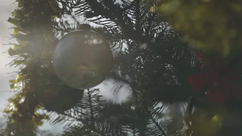 Close-up left to right pan of Christmas decorations on pine tree, San Francisco Vídeos de archivo 333615553