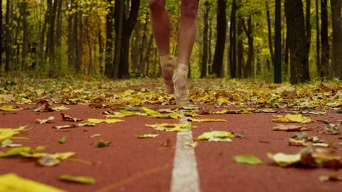 Close-up of the legs of a ballerina walking on a path strewn with yellow leaves. Video stock 255591928