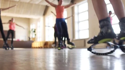Close up of legs in kangoo jumping session. Training in the gym. Stock Footage 85458623