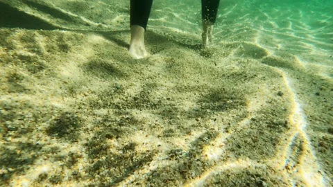 Close-up of legs walking along the seabed. Underwater shooting. Triathlon. Sun Stock Footage 132400357