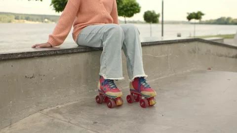 Close-up Of Legs Wearing Roller Skating Shoe, Outdoors Video stock 251915285