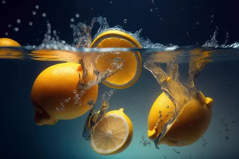 Close-up of lemons falling in clear water, ai generated Stock Illustration