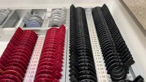 Close up of  lenses from trial frame set,  these are used for testing eyes and g Stock Footage 180489173