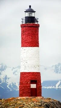 Close-up of Les Eclaireurs lighthouse located in the Beagle Channel in Ushu.. Stock Photos