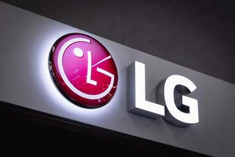 Close-up on the LG electronics logo on a decorative wall in store Stock Photos