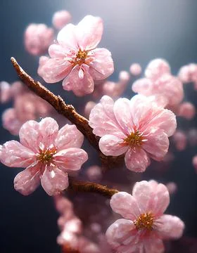 Up-close light pink Cherry blossoms in season with a blurred on the background. Stock Illustration