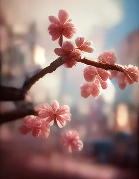Up-close light pink Cherry blossoms in season with a blurred on the background. Stock Illustration
