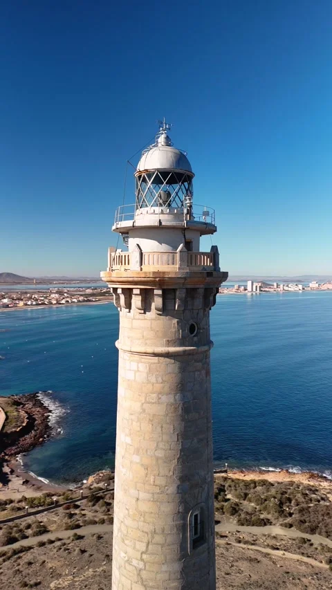 Close-up of a lighthouse. Drone circles around the lighthouse of Cabo de Pa.. Video stock 259845262