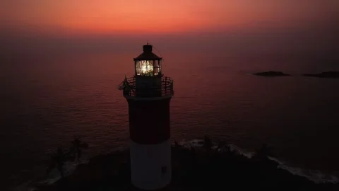 Close-up of lighthouse with light turning beam, Aerial View. Kovalam beach Stock-Footage 282364686
