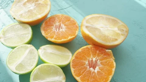 Close-up of lime, lemon, tangerine and orange citrus family fruits Stock Footage 292833797