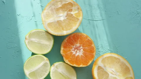 Close-up of lime, lemon, tangerine and orange citrus family fruits Stock Footage 292836160