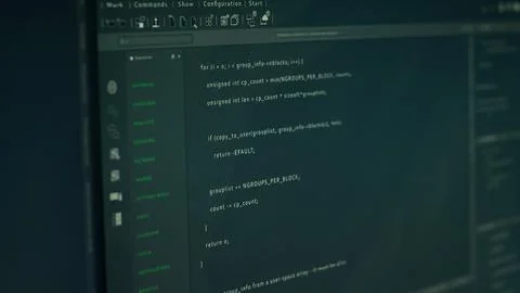 Close up of lines of code running on computer display in modern data center 写真素材