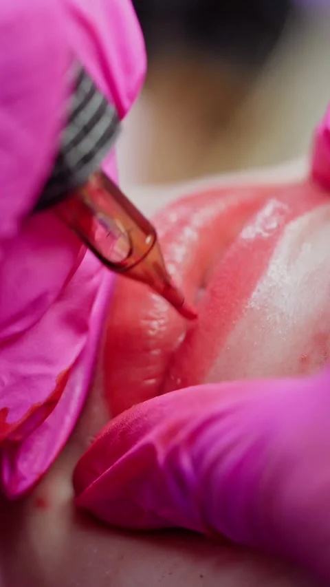 Close up of lip tattooing procedure with bright pink gloves and specialized.. Stock Footage 337475053