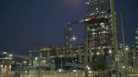CLOSE: Lit by night new natural gas power plant station in United States Stock Footage