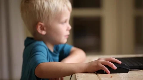 Close up of little boy moving mouse and using laptop computer Vídeos de archivo 137142032