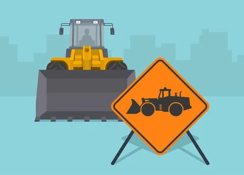 Close-up of a "loader operating" road sign. Wheel loader is behind the sign. Stock Illustration